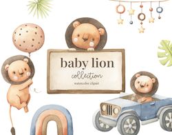 Baby Lion Watercolor Clipart Animal pilot, Driver, Kids Clipart, Nursery decor, Baby boy, Its a boy, Kids Art, Nursery