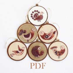 Cross Stitch Christmas Ornaments, Cross stitch pattern PDF, Vintage birds embroidery