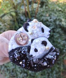 Brooch - pendant embroidery, called Love, with two embroidered embossed pandas.