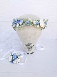 Blue flower headpiece, Baby shower ideas, Blue flower crown, Bridal flower crown, Blue floral crown, Rustic flower crown