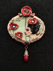 Brooch Virgo with poppies, poppies pendant, Brooch with poppies,Red poppies