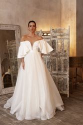 Plunge wedding gown, V-neck dress, bohemian alternative wedding, short sleeved