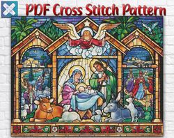 Nativity Cross Stitch Pattern / Holy Night Stained Glass Cross Stitch Pattern / Christmas Cross Stitch / Instant PDF