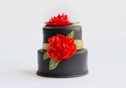 Dollhouse miniature food, black cake with red peonies at 1:12 scale