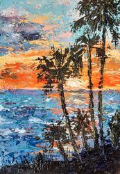 Sunset seascape painting Original acrylic painting Beach painting Palm tree art Small art Home decor
