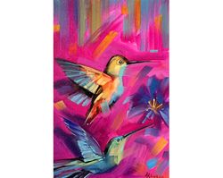 Hummingbird Painting Floral Painting Bird Original Art Oil Painting Animal Painting Small Artwork 12 by 8"