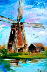 Windmill Painting Old Mill Art Windmill Kinderdijk Original Oil Artwork Landscapes Painting Small Painting 12 by 8"