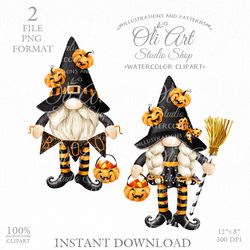 Gnome witches, Halloween clipart. Pumpkins, cute characters, hand drawn graphics