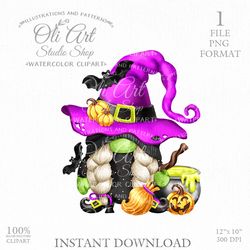 Gnome Witch and Bats. Witch hat. Halloween clipart. Sublimation Png, Design Digital Download. OliArtStudioShop