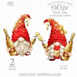 New year red and gold gnomes clipart. Digital clipart png, cute characters