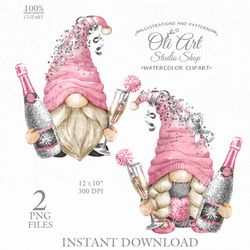 New year pink and grey gnomes clipart. Digital clipart png, cute characters