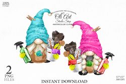 Gnomes digital clipart png, Cleaning, cute characters, digital download