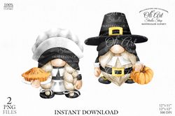 Boy & Girl Pilgrims Gnomes, digital clipart, Fall Thanksgiving, Pumpkin, Autumn
