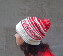 Knitted hat, Women's Fair Isle Bobble Beanie, Slouchy Beanie for Women, Knitted Beanie, Hat for Women, Red knit hat