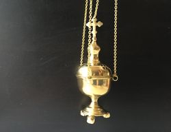 Traditional Christian hanging censer. Brass, casting, gold-gilding. Made in Russia, high 210 mm ( 8,2" )