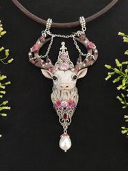 Deer pendant, Deer totem, Pearl pendant, necklace with stones, Ceitic deer amulet