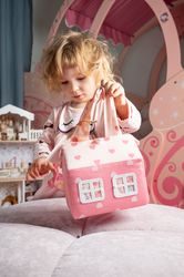Kids gift - Pink fabric dollhouse bag. Toy for kid. Gift for little girl.