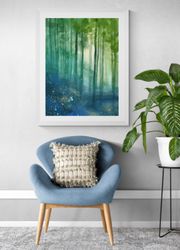 Green Forest Print Watercolor Landscape Abstract Trees Painting Teal Forest Art Print Forest watercolor landscape art Gr