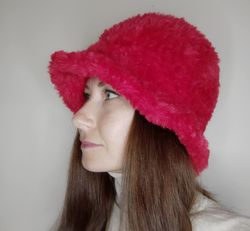 Furry bucket hat crochet Red bucket hat oversized Plush bucket hat for women