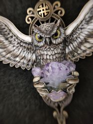 Owl necklace, Owl jewelry, Jewelry Gemstone Owl, owl pendant, necklace with Amethist