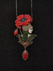 Red Poppy necklace, Art Nouveau Romantic Flower, Jewelry Nature Pendant, Poppy