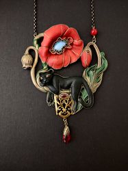 Poppy red necklace, Poppy pendant, Panther necklace, Black Panther, Panther pendant