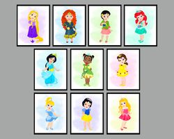 Princesses baby Disney Set Art Print Digital Files decor nursery room watercolor