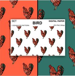 Cock Seamless Pattern Retro Bird Digital Paper PNG Fabric Postcards Sublimation