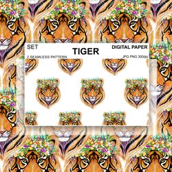 Set Tiger Seamless Pattern PNG Animal Digital Paper Fabric Postcards Sublimation