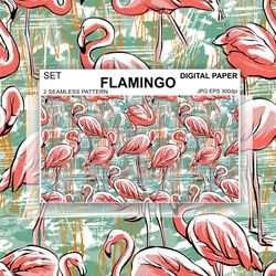 Flamingos Seamless Pattern Digital Paper Endless Background Vector Set