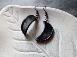 Glass crescent earrings, Black crecsent, Witchy, goth aesthetic, Witch earrings, Tin soldered moon earrings