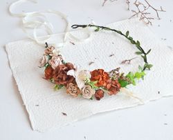 Orange terracotta flower crown, Wedding headpiece, Fall flower crown, Bridal headband, Wedding hair accessories