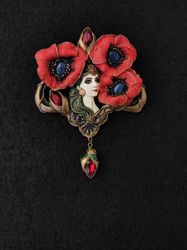 Virgin with Poppies, poppy brooch, red poppies, red flowers,poppy jewelry