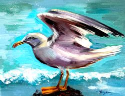 Seagull Painting Seagull Oil Painting Bird Original Art Seascape Wall Art Painting Beach Painting Small Artwork 9 by 7"