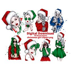 Fashion Christmas girl clipart,winter fashion girl,Fashion Girl santa hat christmas illustration clipart,Xmas Clipart