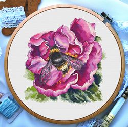 Bumble bee cross stitch, Flower cross stitch, Rosehip cross stitch, Plants cross stitch, Digital PDF