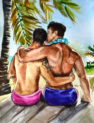 Nude Man Art Original Art Watercolor Gay Man Painting Sexual Art Naked Back Couple Nude Wall Art