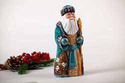 Russian Santa in Turquoise coat, Collectable wooden figurine, 7,8 inches tall, Christmas gift, Christmas decor