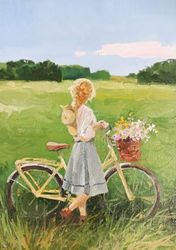 Girl Bicycle Wild flowers Meadow Landscape Original Oil Painting