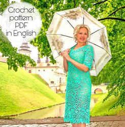 Turquoise dress Irish lace crochet pattern ,crochet dress pattern , crochet motif , crochet flower pattern , irish lace