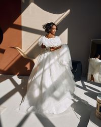 Transformer mini or maxi wedding dress with puffy sleeves. Pencil gown. Satin off the shoulder bridal gown