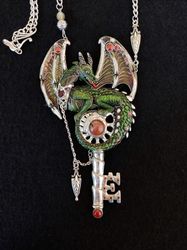 Dragon and Key Necklace, Fantasy Dragon Pendant, Green Dragon Necklace, Magic Drago