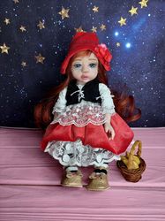 Art doll "Red Hat", collectible artist doll 9 inches
