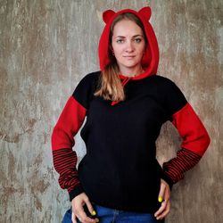 Satin lined color block hoodie for women , cat ears hoodie , womens clothing , handmade sweater , knitted sweater