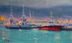 Evening Sea Russia Landscape Port Ship Original Oil Painting Nautical Bedroom Decor