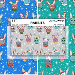 Rabbits Seamless Pattern Hares Digital Paper New Year background Vector Wallpaper 2023 Winter Surface Design Fabric