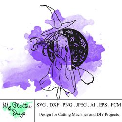 Floral witch SVG, boho moon witch SVG, witch's broom AI, spell svg, magic svg, gothic Svg, green witch clip art, wizard