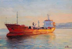 Cargo Ship Sea Landscape Original Oil Painting Nautical Art Original Artwork