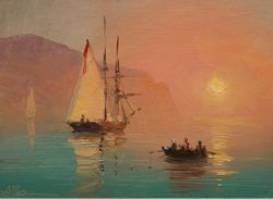 Sailing Ship Morning Sea Sunrise Realism Original Oil Painting Bedroom Wall Decor
