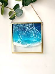 Wall abstract painting epoxy resin sea handmade interior decor home glass picture on a chain
